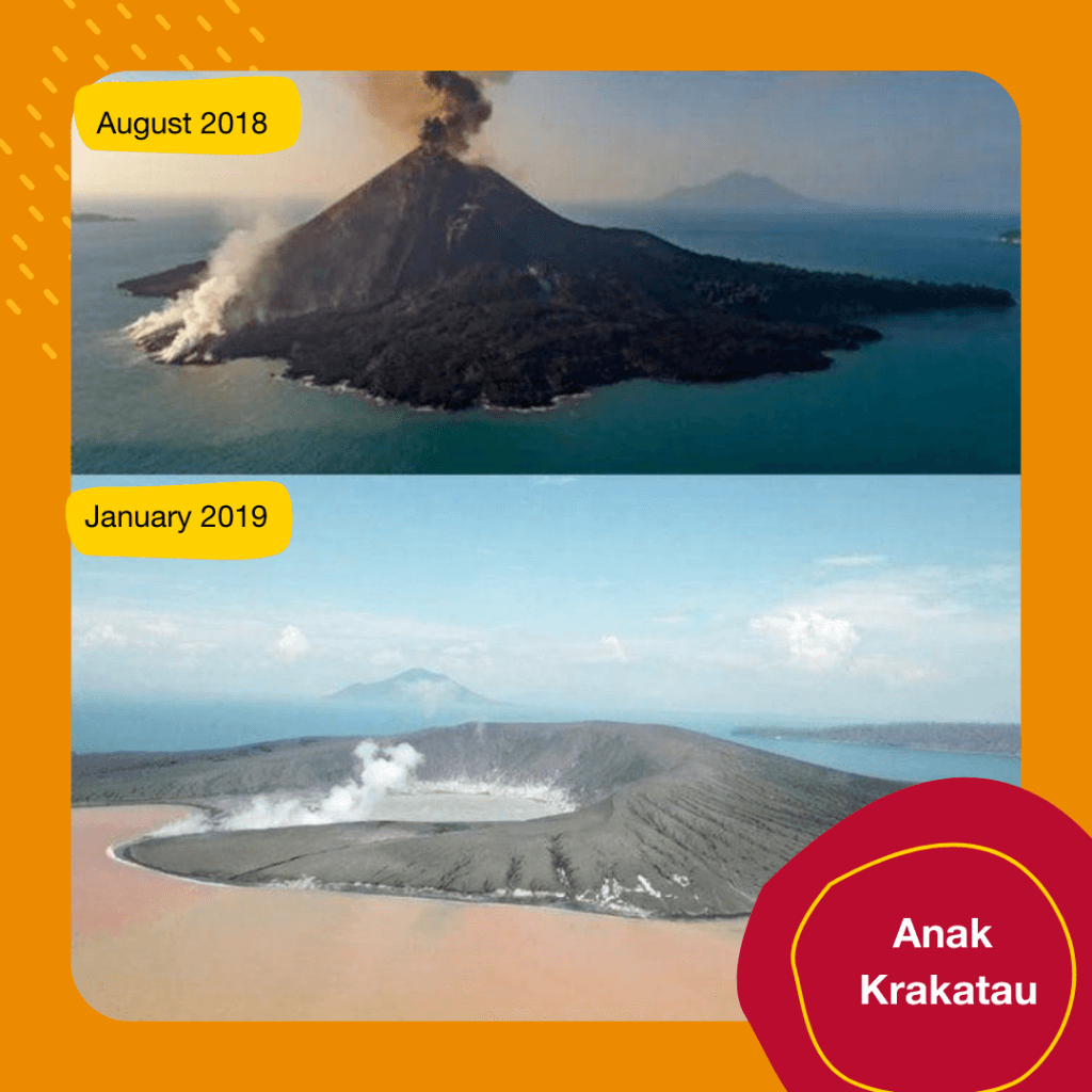 Anak Krakatau Eruption - Image shows the volcano in August 2018 and in January 2019 (either side of eruption) and reveals the landscape has changed significantly.