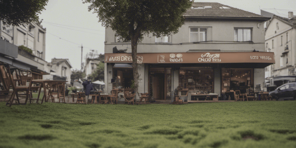 A field of grass growing right up to a busy cafe