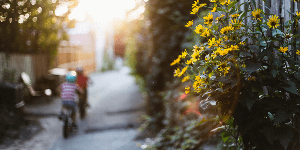 Children riding a bike next to bright flowers