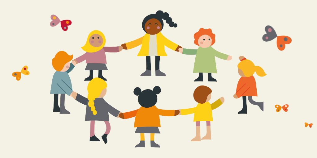 Harmony week illustration of a diverse group of children holding hands