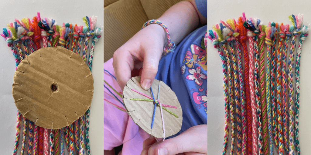 Sophie* weaving colourful Kumihimo bracelets