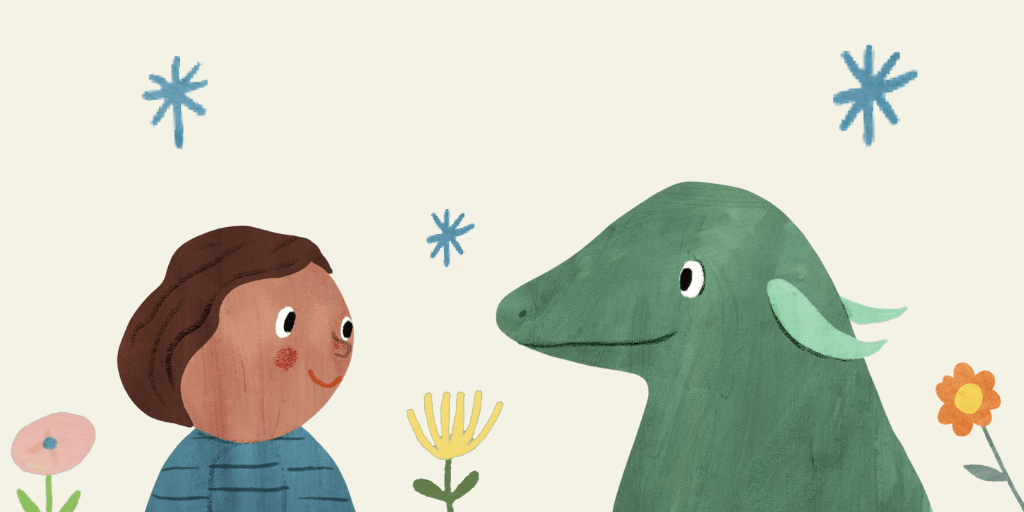 An illustration of a child and dragon exhibiting playfulness and communication.